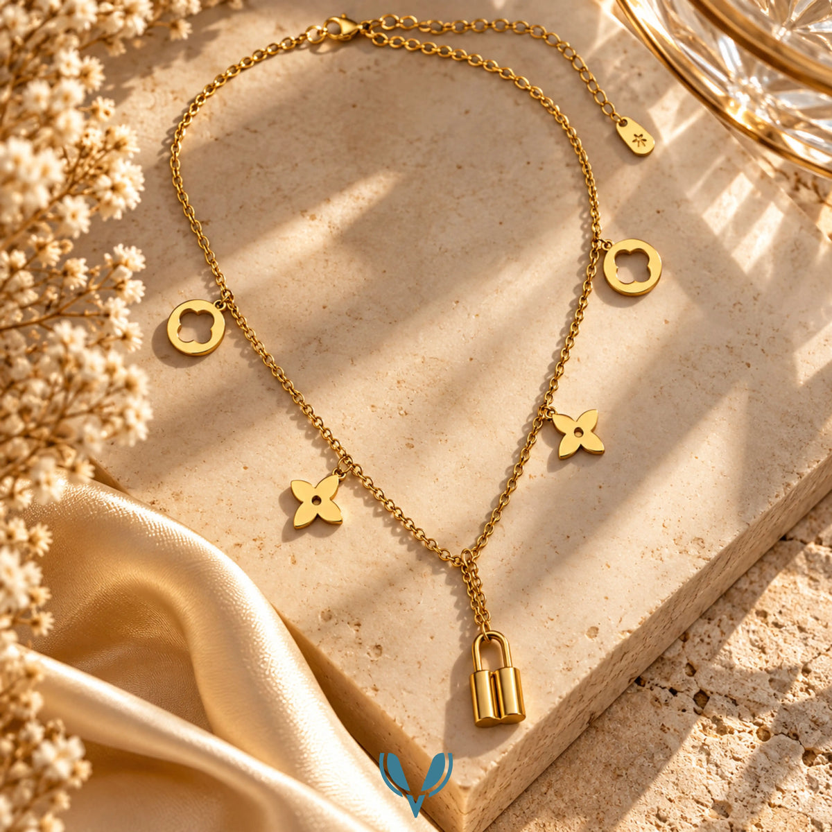 Lv' Inspired Floral Charm Lock Pendant Necklace