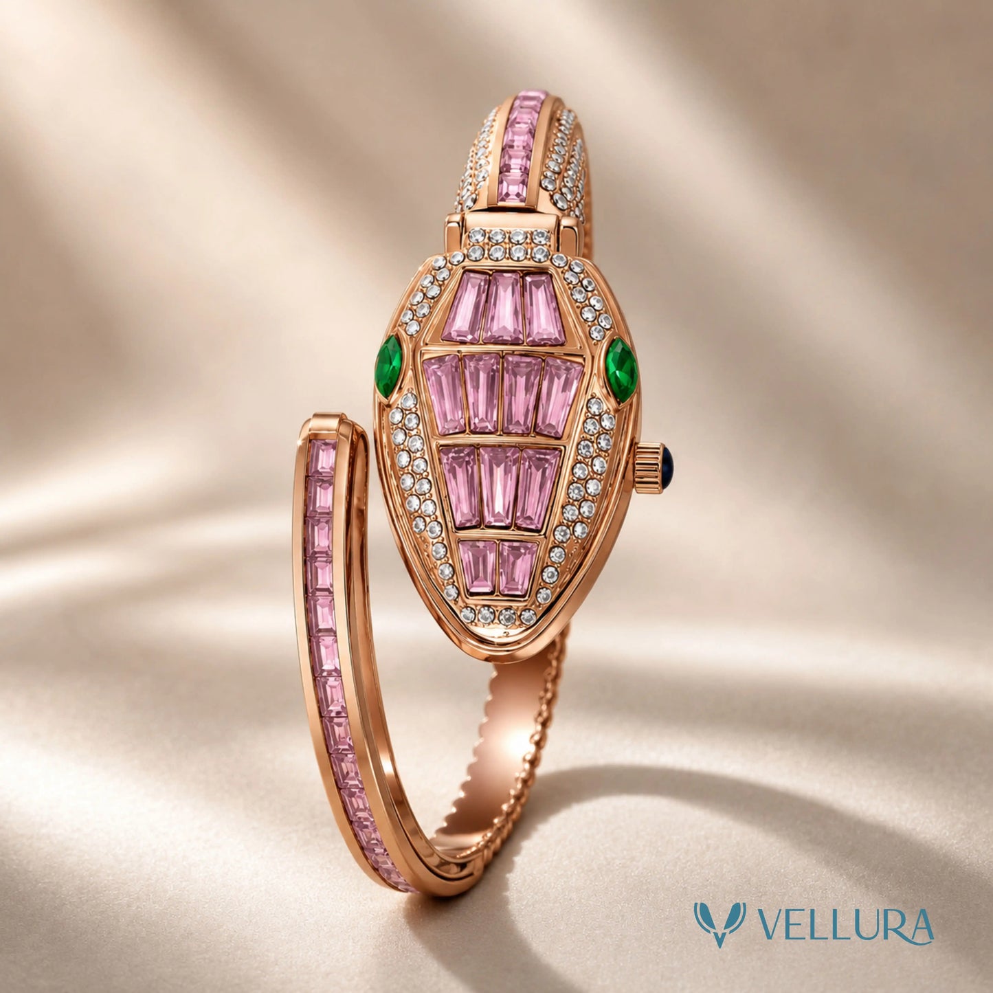 Pink Serpent Watch With Ruby & Emerald Accents
