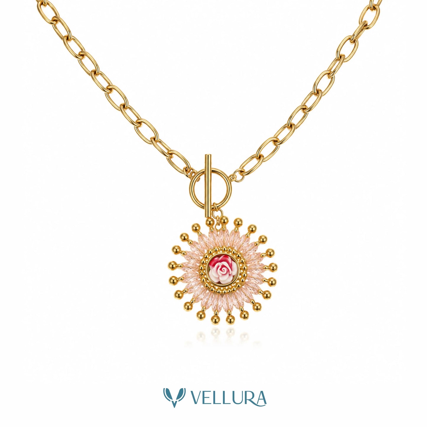 CZ Pink Floral Charm Necklace
