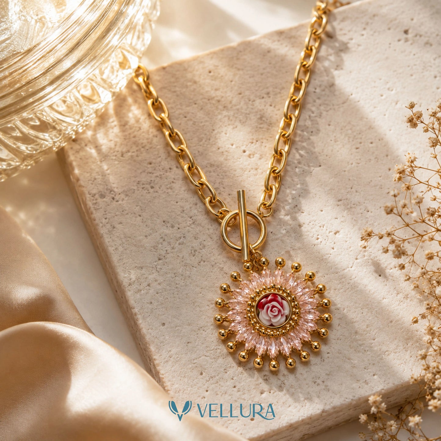CZ Pink Floral Charm Necklace