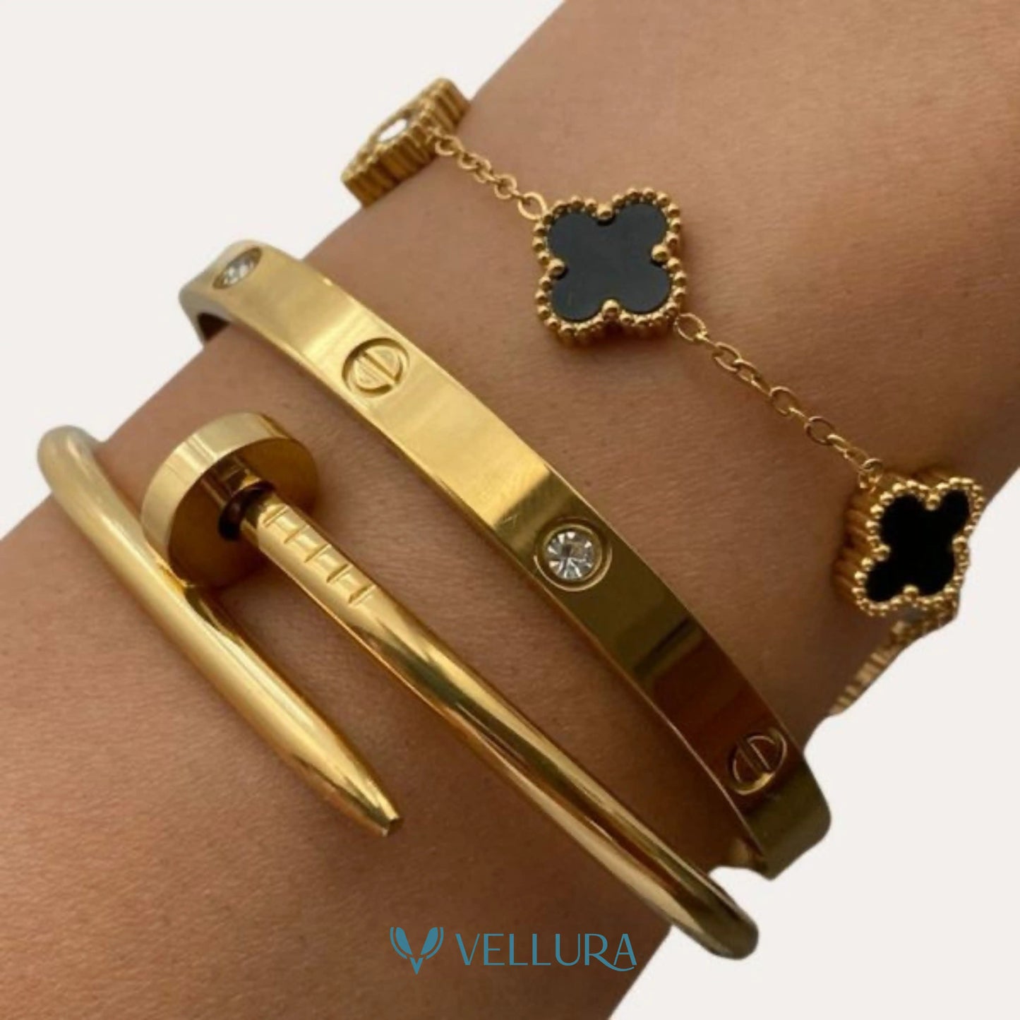Gold Bracelet Combo Set with Clover Bracelet