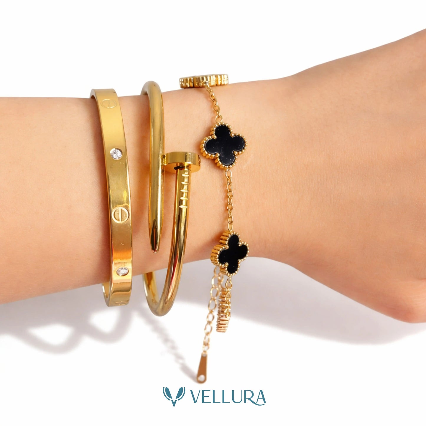 Gold Bracelet Combo Set with Clover Bracelet