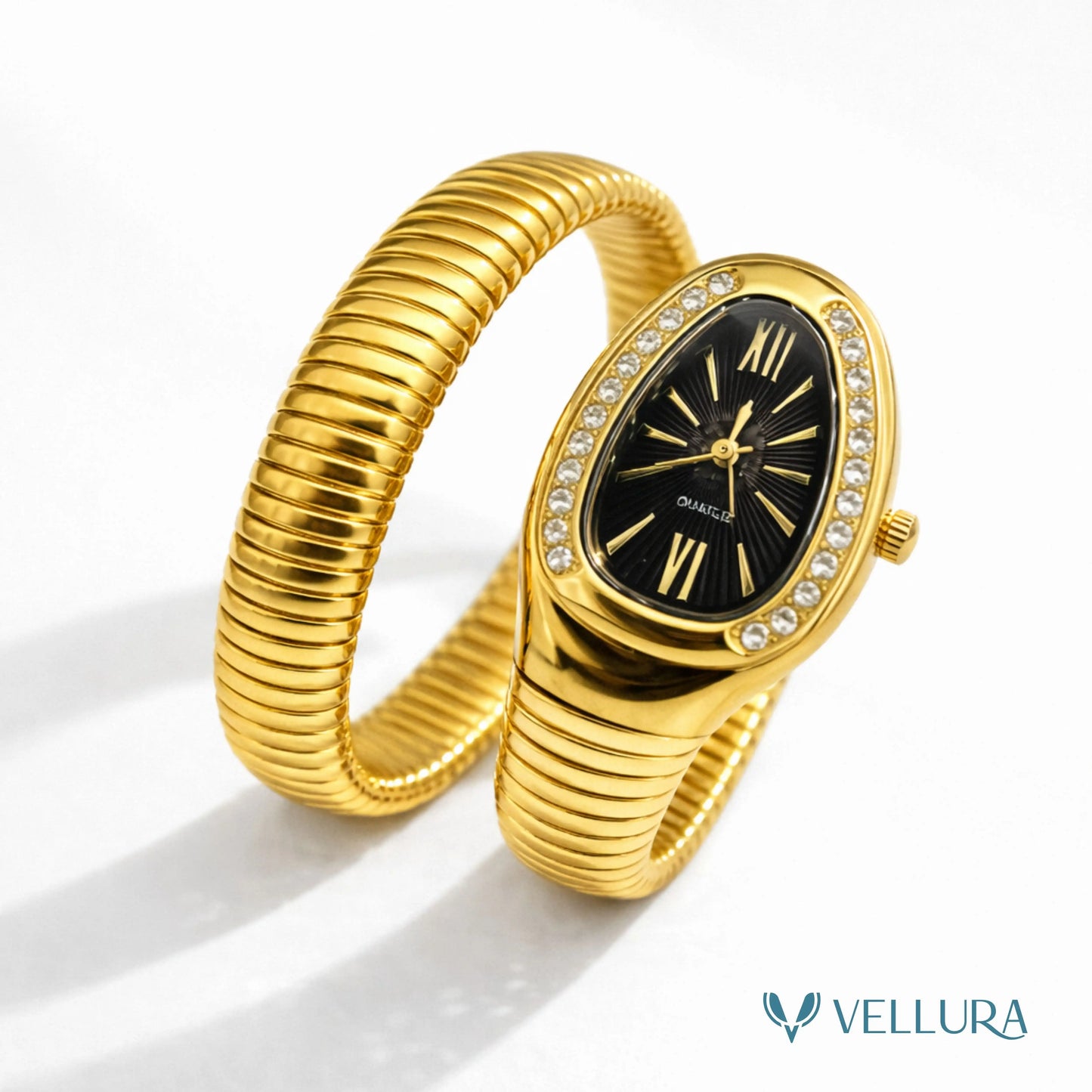 Gold Serpent Wrap Watch-Black Studded