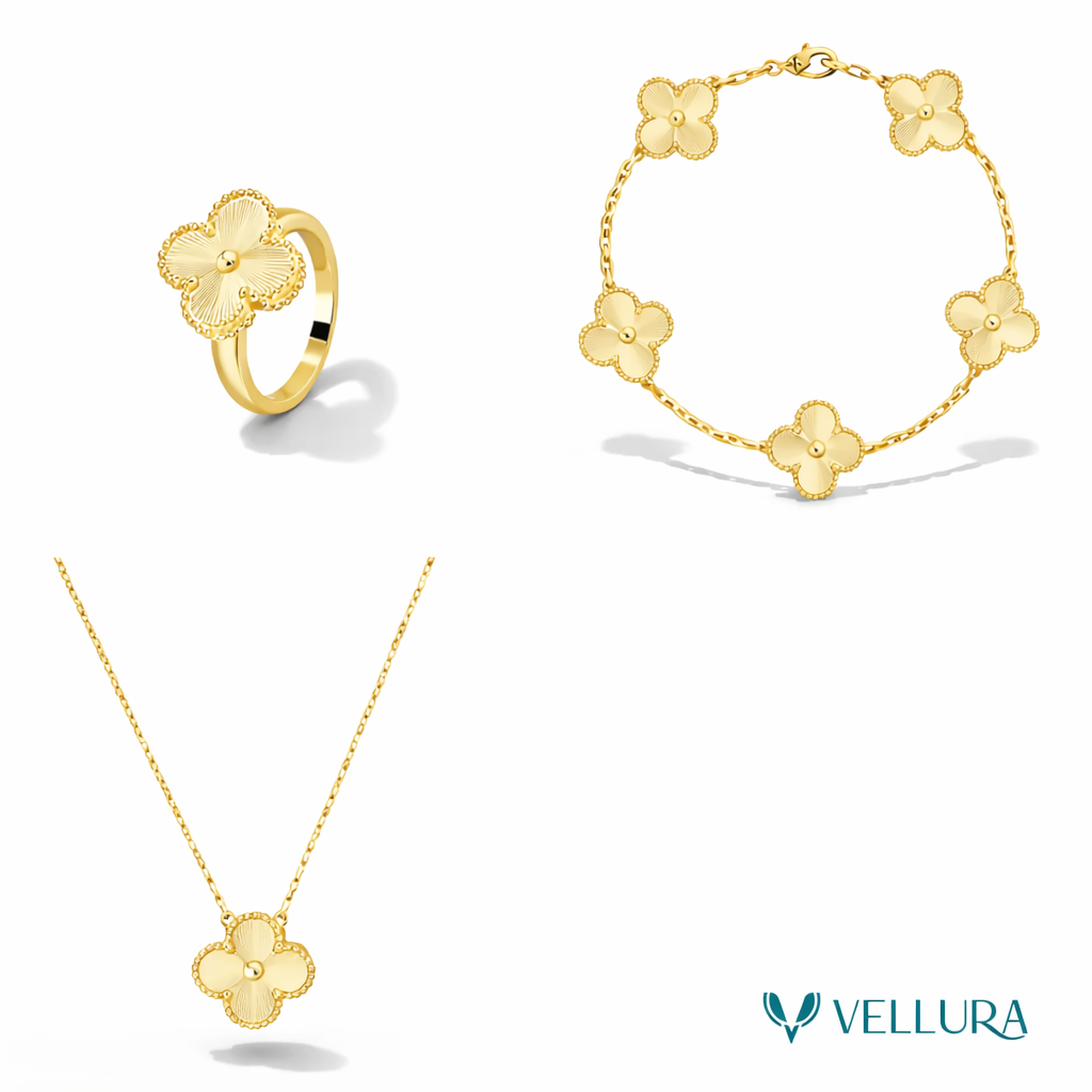 Gold Quatrefoil Necklace Set-Necklace,Ring and Bracelet