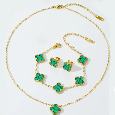 Green Quatrefoil Necklace Set-Necklace and Bracelet