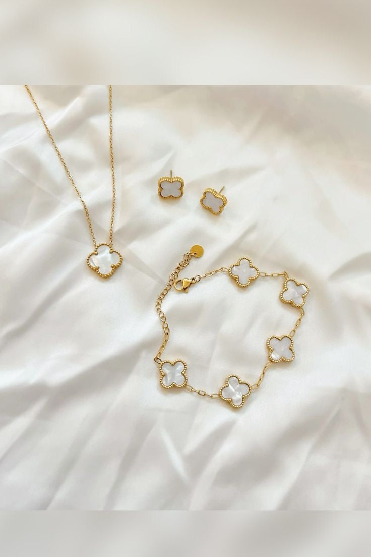 White Quatrefoil Necklace Set-Necklace,Earrings and Bracelet,Ring