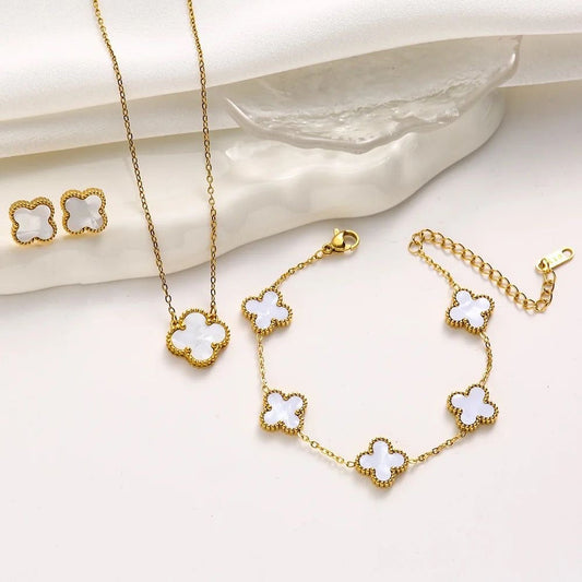 White Quatrefoil Necklace Set-Necklace,Earrings and Bracelet,Ring