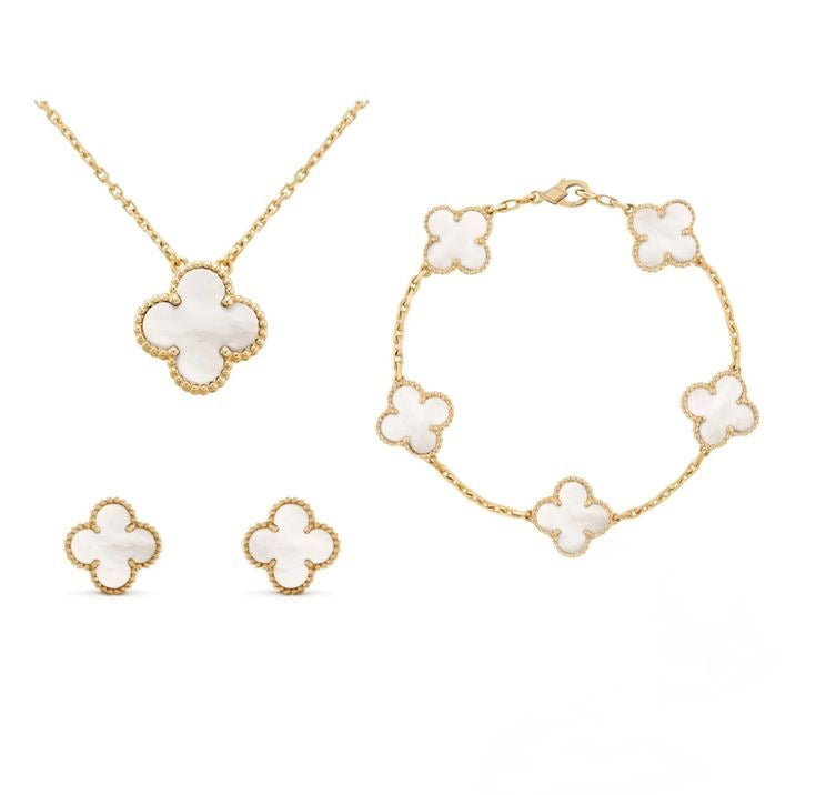 White Quatrefoil Necklace Set-Necklace,Earrings and Bracelet,Ring