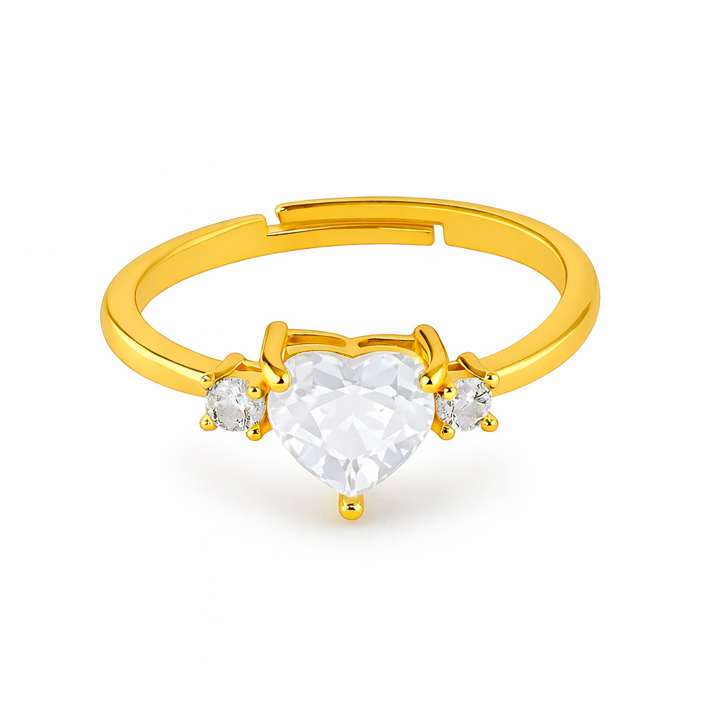 Gold Adjustable Heart Ring with Aqua Green Center Stone and Side CZ Accents
