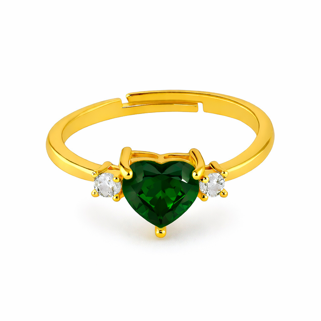 Gold Adjustable Heart Ring with Aqua Green Center Stone and Side CZ Accents