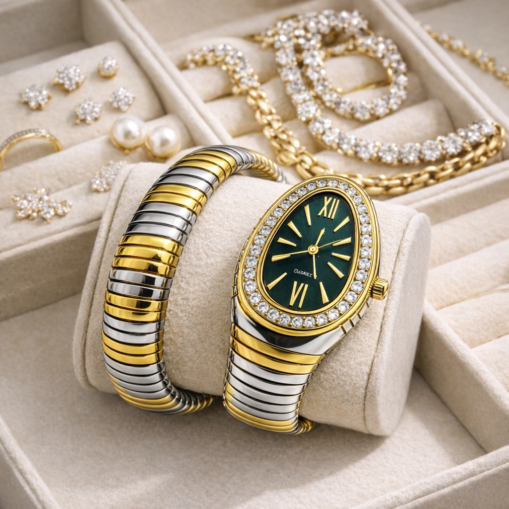 Dual Tone Green Serpent Watch-Single Coil