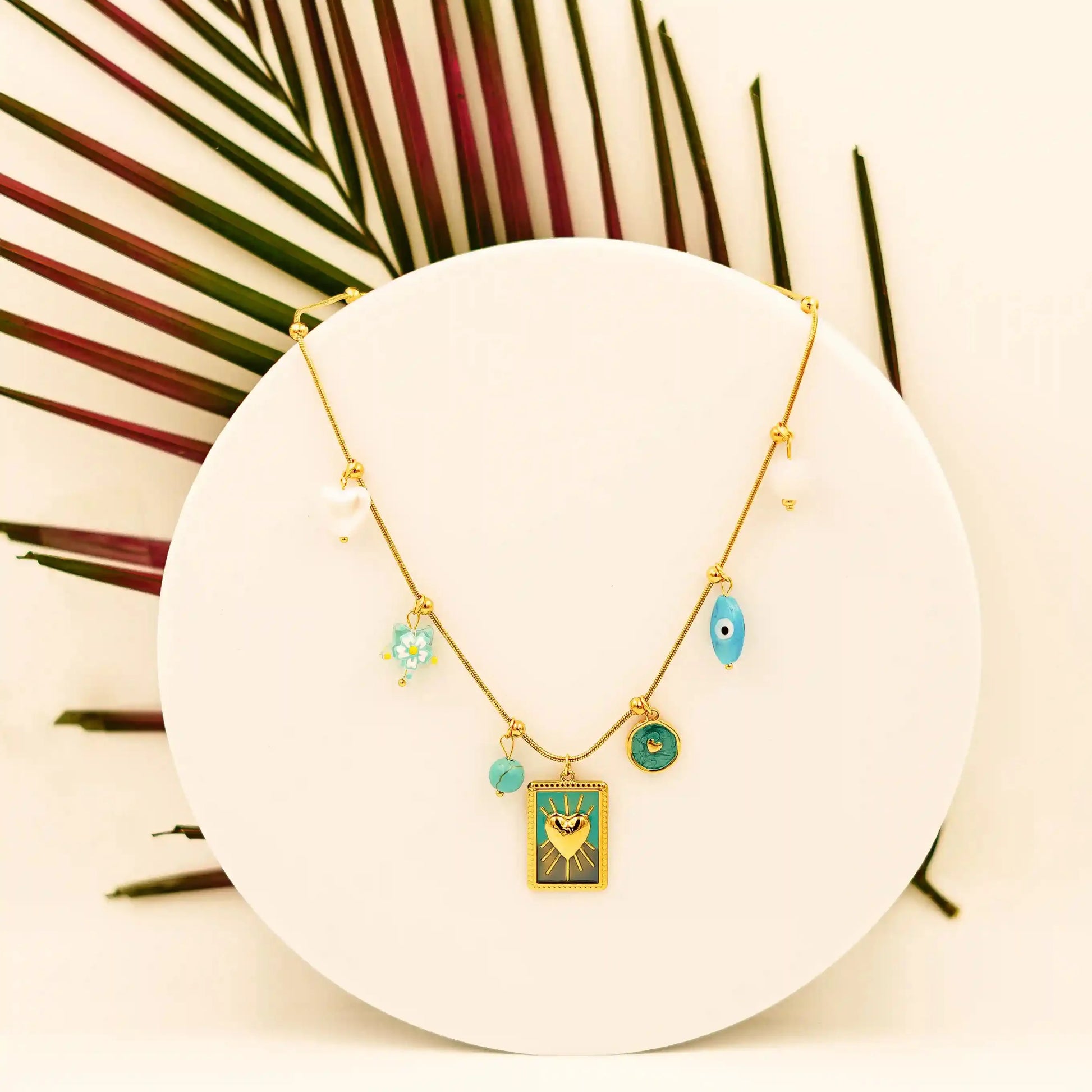 Gold-Plated Anti-Tarnish Charm Necklace with Evil Eye & Heart Pendant – Boho Chic Jewelry - Vellura Jewellery  pendent