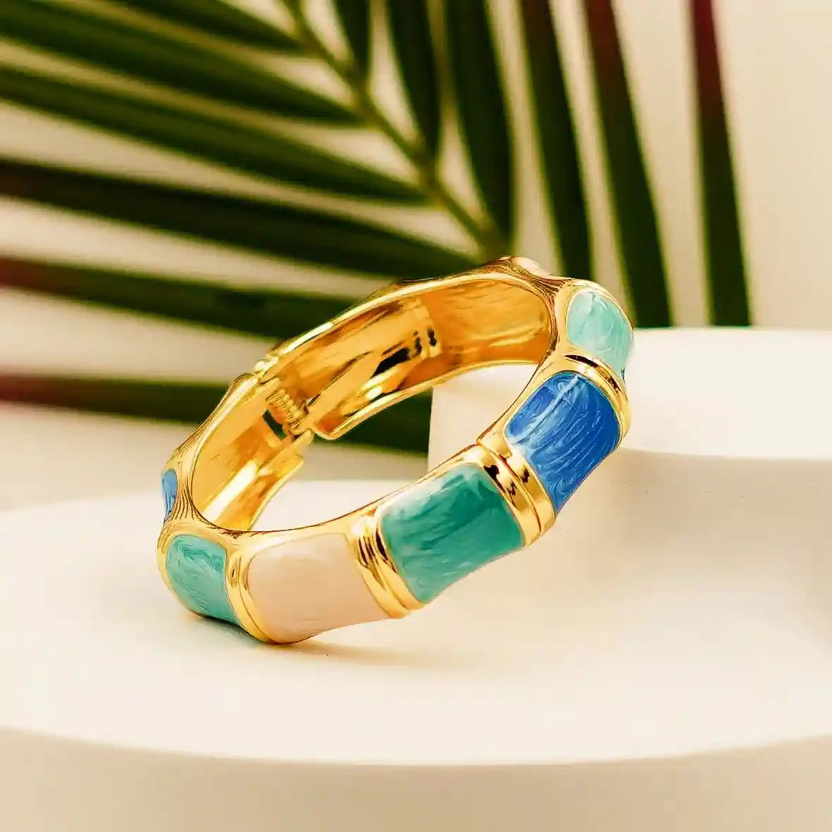 Luxury Gold-Plated Hinged Bangle with Blue & Turquoise Enamel - VelluraJewellery