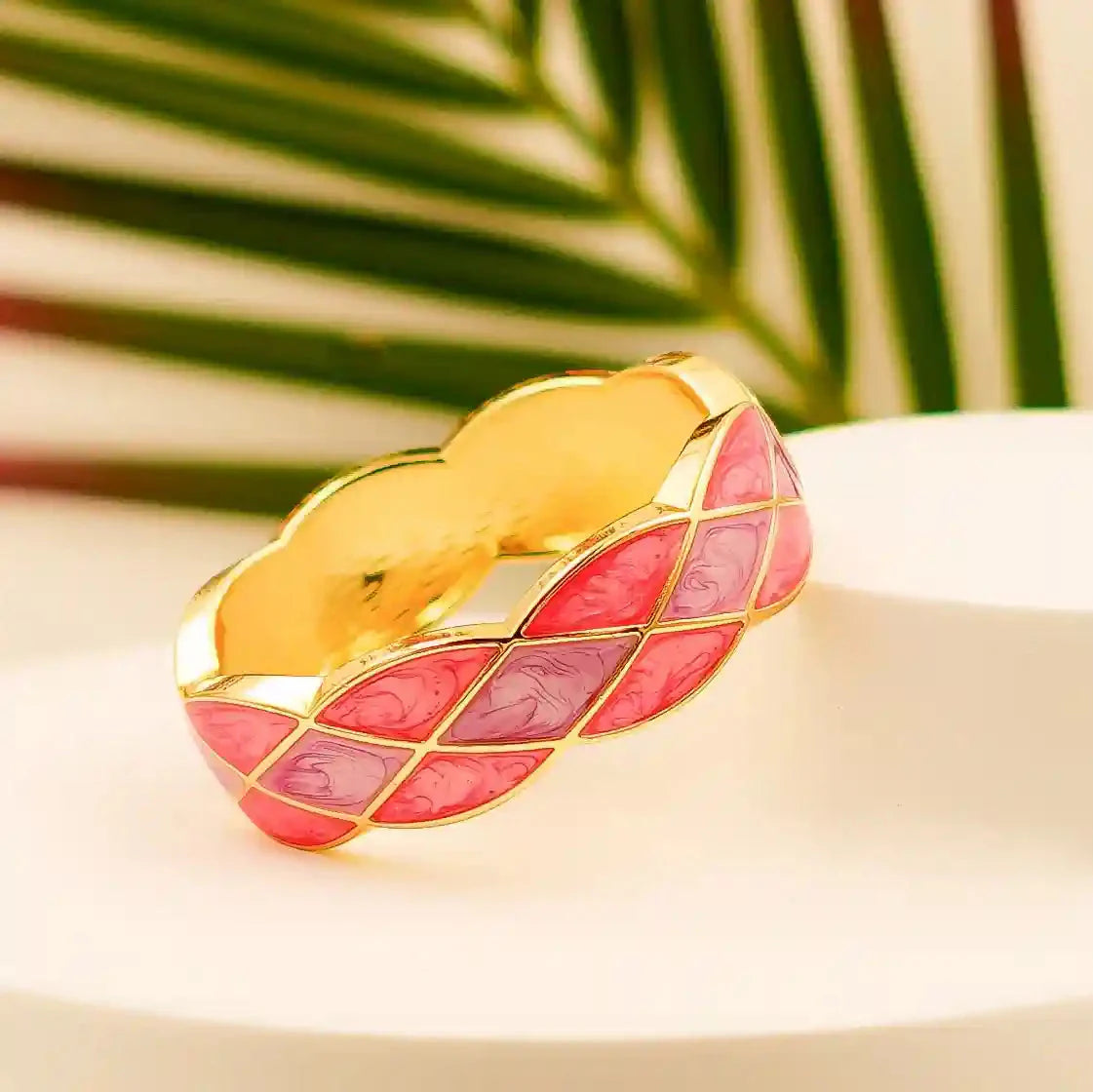 Gold-Plated Pink & Purple Diamond-Pattern Enamel Bangle - VelluraJewellery