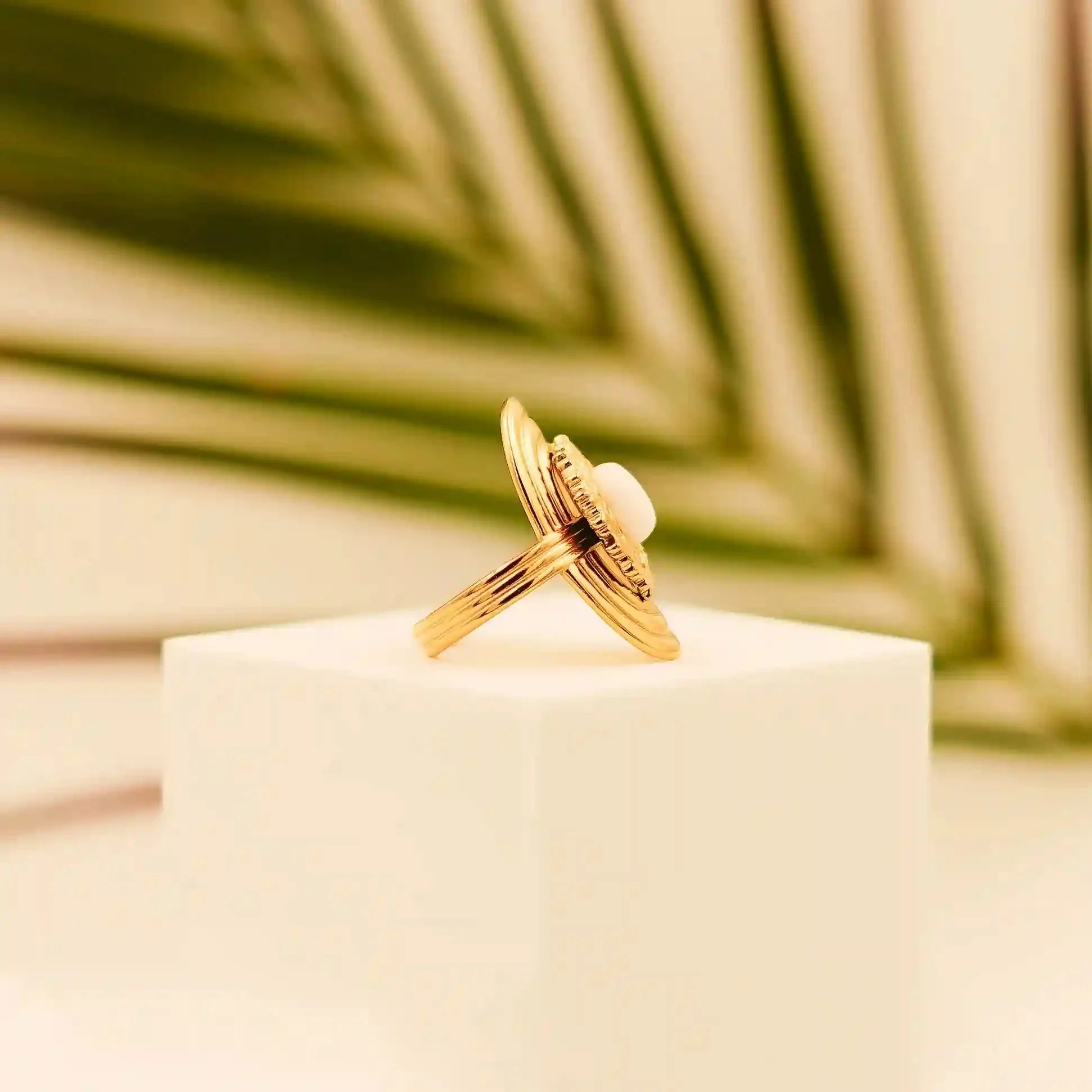 Gold Plated Oval Ring-White Pearl - Vellura Jewellery  Rings