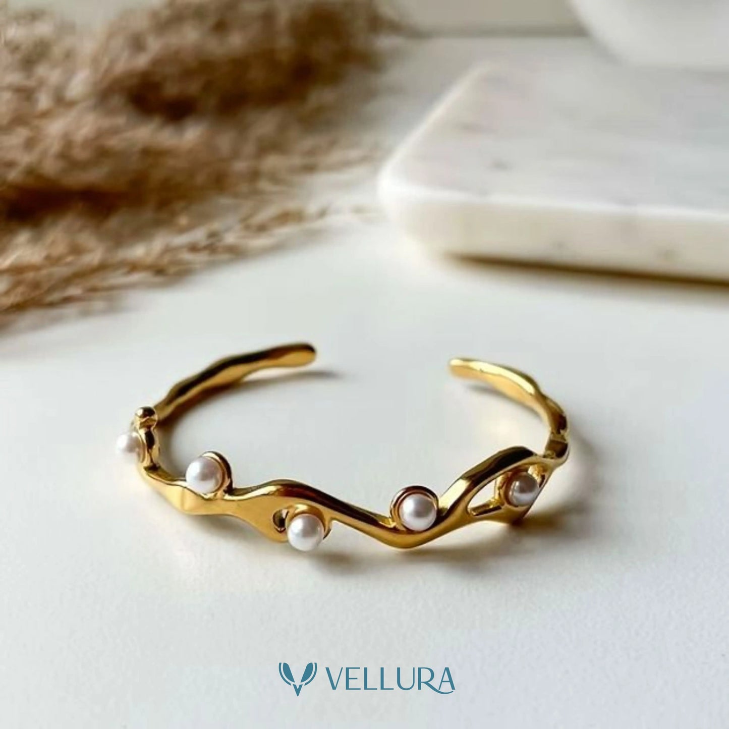 Gold Pearl Open Bracelet