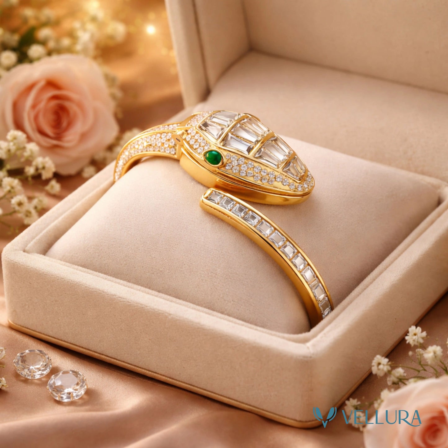 White Serpent Watch With Ruby & Emerald Accents