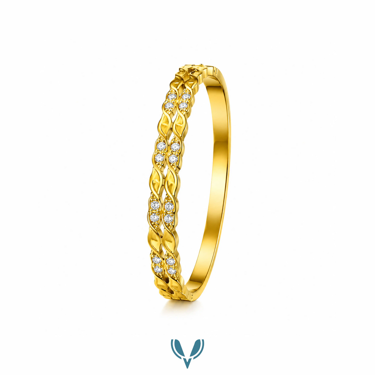 Gold double vine leaf CZ bangle bracelet