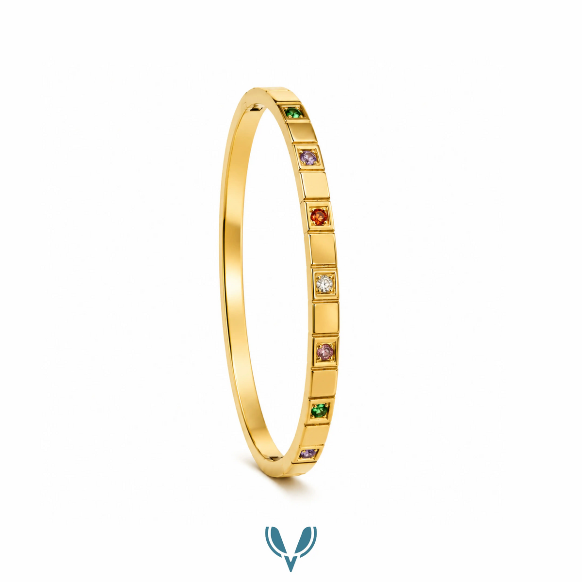 Gold multicolour square stone bangle bracelet